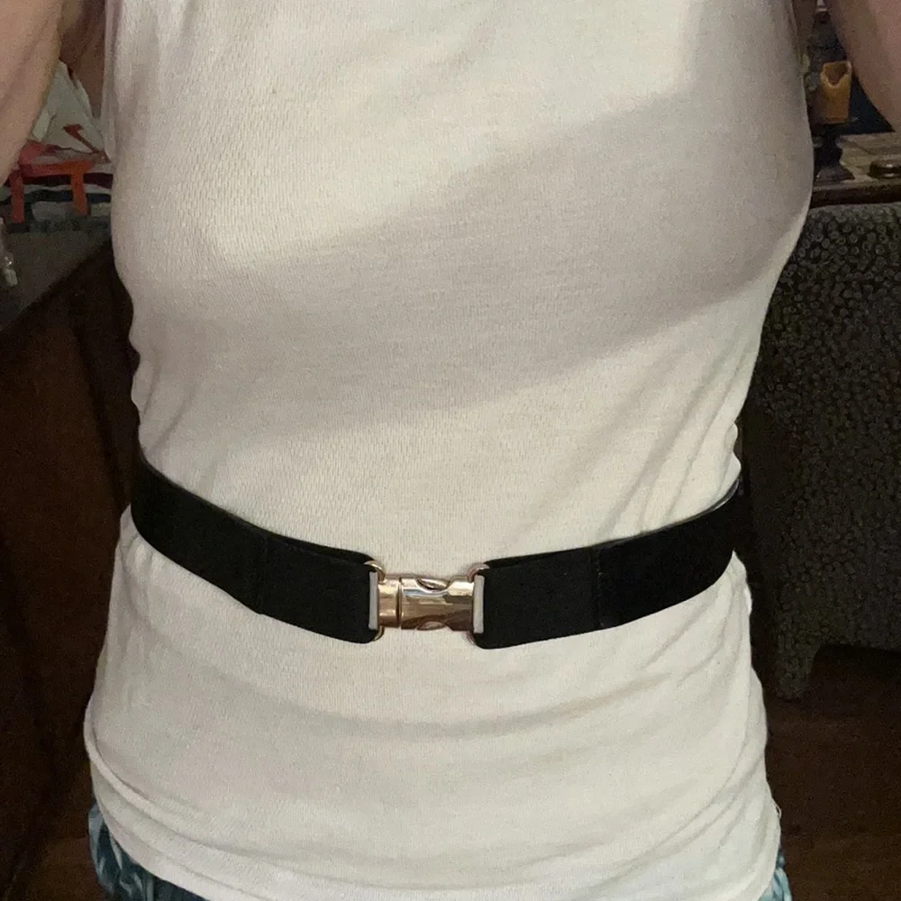 B-LOW THE BELT 1.5 inch W- leather & elastic Gore belt with gold clasp buckle.